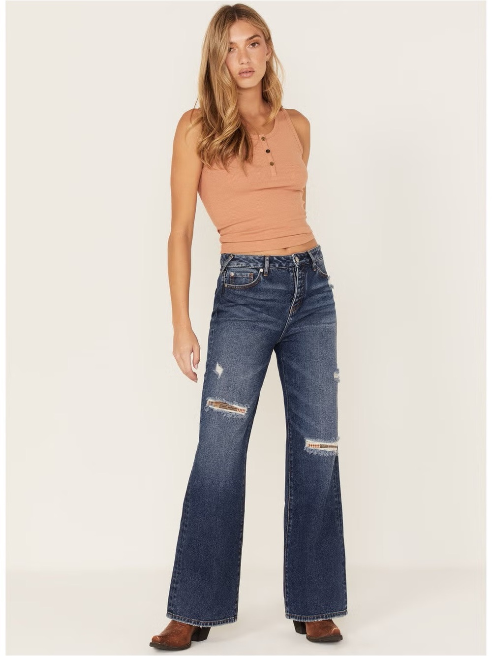 CLEO + WOLF WOMEN'S MEDIUM WASH HIGH RISE PATCHWORK DISTRESSED STRAIGHT JEANS